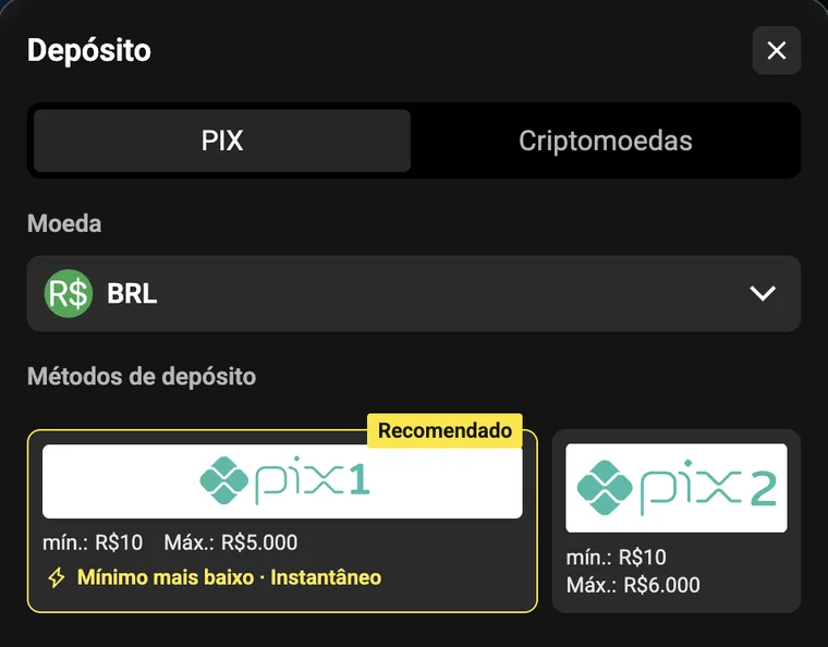 Caixa da Borawin: aba Pix com Pix 1 de R$ 10 a R$ 5.000 e Pix 2 de R$ 10 a R$ 6.000, moeda BRL