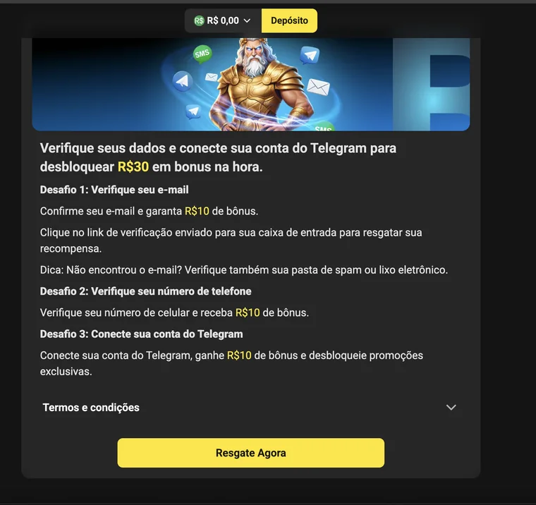 Tela dos Desafios da Borawin: verificar e-mail, telefone e conectar o Telegram, R$ 10 cada